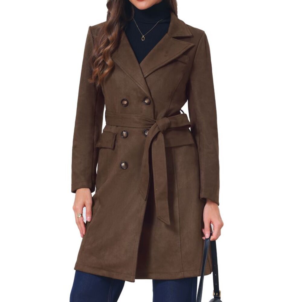 Women's Faux Suede Trench Coat Notched Lapel Mid-Long Overcoat Dark Brown